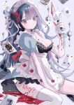  1girl ace_(playing_card) apron armband between_legs black_dress black_hair blood blood_on_breasts blood_on_clothes blood_on_knife blood_writing blue_dress blue_ribbon breasts card cleavage closed_mouth commentary_request dot_nose dress eyelashes facing_to_the_side floral_print flower frilled_apron frilled_armband frills grey_background grey_hair hair_between_eyes hair_flower hair_ornament hair_ribbon hand_between_legs hand_up highres holding holding_knife joker_(playing_card) knife large_breasts long_hair looking_at_object maid maid_headdress multicolored_hair nanamiya_ten original playing_card pool_of_blood puffy_short_sleeves puffy_sleeves queen_(playing_card) red_eyes ribbon ringed_eyes rose short_sleeves sidelocks simple_background solo sparkle_print symbol-shaped_pupils two-tone_dress two-tone_hair white_apron white_ribbon 