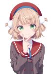  1girl absurdres beret black_jacket blonde_hair blue_ribbon closed_mouth green_eyes hair_ornament hat highres indie_virtual_youtuber jacket light_blush looking_at_viewer neck_ribbon pom_pom_(clothes) pom_pom_hair_ornament red_hat red_sailor_collar reimei_(r758120518) ribbon sailor_collar shigure_ui_(vtuber) shirt short_hair sidelocks smile solo striped_clothes striped_jacket transparent_background two_side_up upper_body v vertical-striped_clothes vertical-striped_jacket virtual_youtuber white_shirt 