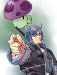  1boy animal_ears araki_hirohiko_(style) arknights blue_eyes blue_hair commentary_request fang_(arknights) genderswap genderswap_(ftm) grey_hair horse_boy horse_ears jacket jojo_pose looking_at_viewer male_focus mushroom parody plants_vs._zombies pointing puff-shroom_(plants_vs._zombies) solo weapon weapon_on_back xiaobei 