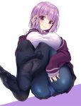  ass breasts feet hand_in_hair hinata_sora large_breasts looking_at_viewer looking_down panties panties_under_pantyhose pantyhose purple_eyes purple_hair raised_eyebrows shinjou_akane simple_background sitting skirt smile soles solo ssss.gridman thighs toes underwear white_background 