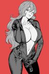  1girl ;) bodysuit breasts catsuit closed_mouth commentary commentary_request cowboy_shot double-parted_bangs full-length_zipper greyscale hair_between_eyes highres large_breasts long_hair looking_at_viewer lupin_iii mine_fujiko monochrome navel one_eye_closed onsen_tamago_(hs_egg) open_bodysuit open_clothes red_background revision simple_background smile solo standing unzipping very_long_hair zipper zipper_pull_tab 