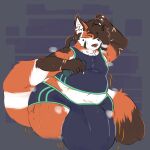 2026 5_fingers ailurid anthro athletic_wear balls_outline belly big_bulge big_tail biped black_nose blush blush_lines bodily_fluids bottle bottomwear brown_body brown_ears brown_fur brown_hair brown_tail brown_tail_tip bulge claws clothed clothing colored container countershade_face countershade_fur countershade_torso countershading detailed_bulge digital_media_(artwork) dipstick_tail eyes_closed finger_claws fingers fluffy fluffy_tail front_view fully_clothed fur genital_outline gloves_(marking) gym_bottomwear gym_shorts hair hair_over_eye hi_res holding_container holding_object holding_water_bottle huge_bulge humanoid_hands hyper hyper_bulge inner_ear_fluff kabashi male male_anthro mammal markings multicolored_body multicolored_fur multicolored_tail navel open_mouth orange_body orange_ears orange_fur orange_tail penis_outline ponytail portrait red_panda shirt shorts simple_background slightly_chubby slightly_chubby_anthro slightly_chubby_male solo standing sweat tail tail_markings tank_top teeth thick_thighs three-quarter_portrait topwear tuft water_bottle white_body white_claws white_countershading white_fur white_inner_ear white_inner_ear_fluff white_tail wide_hipped_male wide_hips yuri_luclaw_(reimoon)