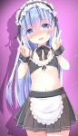  apron black_bow black_bra black_ribbon blue_eyes blue_hair blush bow bowtie bra choker collarbone cowboy_shot double_v eyebrows_visible_through_hair flat_chest front-tie_bra gochuumon_wa_usagi_desu_ka? grey_bra grey_skirt hair_between_eyes hair_ribbon head_tilt highres kafuu_chino kouda_suzu long_hair looking_at_viewer maid_headdress miniskirt navel open_mouth pink_background pleated_skirt ribbon see-through shadow shiny shiny_hair simple_background skirt solo standing stomach transparent_skirt underwear v very_long_hair waist_apron white_apron wrist_cuffs 