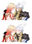  2boys ? anger_vein antenna_hair arm_tattoo armlet armor back_tattoo black_choker black_coat black_shirt blonde_hair blue_eyes braid cheek_pull cheek_squash choker clawed_gauntlets closed_eyes coat commentary_request earrings eum1231028 facial_tattoo gold_earrings gold_necklace gradient_hair highres honkai:_star_rail honkai_(series) jewelry korean_commentary male_focus medium_hair multicolored_hair multiple_boys mydei_(honkai:_star_rail) neck_tattoo necklace open_clothes open_coat parted_bangs pauldrons phainon_(honkai:_star_rail) red_hair red_tattoo shirt short_hair shoulder_armor side_braid single_pauldron spoken_anger_vein spoken_question_mark sun_symbol sun_tattoo tattoo white_coat white_hair yaoi yellow_eyes 