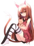  :3 animal animal_ears ass bangs bell black_legwear blue_eyes blush bow brown_hair cat cat_ears cat_tail closed_mouth collarbone dress expressionless eyebrows_visible_through_hair full_body hair_between_eyes hair_bow heterochromia hug jingle_bell knees_up long_hair looking_at_viewer mahcdai mismatched_legwear original panties red_bow red_dress sidelocks simple_background sitting sleeveless slit_pupils solo striped striped_legwear tail thighhighs underwear very_long_hair white_background white_legwear white_panties yellow_eyes |_| 