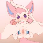 eeveelution female feral fur generation_6_pokemon genitals handpaw mammal nintendo nude paws pink_body pink_fur pokemon pokemon_(species) presenting presenting_vulva ribbons simple_background smile snoiifoxxo solo spiral spiral_eyes sylveon tail vulva white_body white_fur