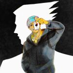  1boy absurdres ace_(playing_card) ace_attorney ace_of_spades apollo_justice:_ace_attorney arm_up beanie black_background black_hair blood blood_drop blood_stain blue_hat brown_eyes card covered_face covering_face covering_own_face drawstring facial_hair grey_hoodie grin hand_in_pocket hat highres holding holding_card hood hoodie jewelry locket long_sleeves mature_male one_eye_covered outline pendant phoenix_wright playing_card silhouette simple_background sio2_(whynotkarma) smile spade_(shape) stubble white_outline 