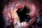  1girl aqua_hair aquila_(honkai:_star_rail) artist_name blood close-up collar commentary crying drill_hair glitch glitch_art hair_between_eyes hand_up highres honkai:_star_rail honkai_(series) hyacine_(honkai:_star_rail) long_sleeves multicolored_eyes nyeppu pink_hair solo tears upper_body white_sleeves yellow_blood 