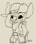 2015 alien black_and_white claws clothed clothing cowboy cowboy_hat disney experiment_(species) hat holster huntingu lilo_and_stitch monochrome neckerchief notched_ear smile solo standing stitch tipping_hat 