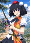  1girl :d belt black_belt black_bow black_bowtie black_hair black_skirt blurry blurry_background blush bow bowtie buttons cloud collared_shirt commentary_request cowboy_shot day fingernails fishing_rod hands_up hat highres holding holding_fishing_rod kitaura_kasumi looking_at_viewer mountain open_mouth pleated_skirt pointy_ears puffy_short_sleeves puffy_sleeves red_eyes red_hat shameimaru_aya shirt short_hair short_sleeves skirt sky sleeve_cuffs smile solo standing tokin_hat touhou upper_body white_shirt 