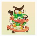 2025 ageplay animal_crossing anthro avian baby_walker biped bird blathers_(animal_crossing) bow_tie brown_body brown_feathers clothed clothing diaper diaper_under_clothing diaper_under_onesie digital_media_(artwork) embarrassed feathers green_bow_tie green_onesie hammockcowboy hi_res infantilism male nintendo onesie owl roleplay simple_background solo struggling wearing_diaper