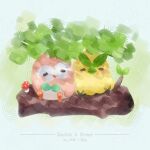  2others artist_name bebird_draww bird black_eyes blue_background browt character_name closed_eyes closed_mouth commentary_request dappled_sunlight day green_leaf highres leaf log multiple_others mushroom nature plant pokemon pokemon_(creature) pokemon_focus pokemon_ultra_sun_and_ultra_moon rowlet side-by-side signature sitting sitting_on_log sprout sunlight tree_shade twitter_username 