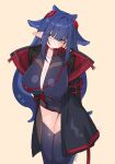  1girl arms_behind_back black_jacket blue_bodysuit blue_hair blush bodysuit breasts center_opening cleavage cleavage_cutout clothing_cutout dizzy_dokuro dizzy_dokuro_(wish) hair_ornament jacket large_breasts long_hair open_bodysuit open_clothes oversized_jacket phase_connect pointy_ears red_eyes signature solo sweatdrop tentacle_hair thighs tilt-shift_(azalanz) virtual_youtuber 