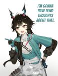  1girl :d arknights arknights:_endfield black_hair blue_gloves blue_horns blue_jacket chen_qianyu_(arknights) commentary cowboy_shot dragon_girl dragon_horns eastern_dragon_horns english_commentary english_text gloves hand_on_own_hip hand_up highres horns i'm_gonna_have_sexual_thoughts_about_that_(meme) jacket long_hair looking_at_viewer meme multicolored_gloves open_mouth simple_background smile solo standing subu_art twintails two-sided_gloves two-tone_gloves white_background 