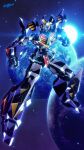  babamba baldios clenched_hand clenched_hands commentary_request earth_(planet) glowing glowing_eyes highres looking_at_viewer mecha mecha_focus no_humans planet robot science_fiction solo space super_robot uchuu_senshi_baldios v-fin 