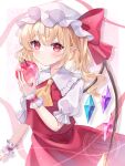  1girl absurdres apple ascot blonde_hair closed_mouth collared_shirt commentary_request cowboy_shot crystal crystal_wings dot_mouth flandre_scarlet food frilled_shirt_collar frilled_wrist_cuffs frills fruit hat highres holding holding_food holding_fruit light_blush looking_at_viewer mob_cap multicolored_wings one_side_up pointy_ears puffy_short_sleeves puffy_sleeves red_eyes red_skirt red_vest redrawn shirt short_sleeves side_ponytail sidelocks skirt skirt_set solo touhou vest watermark white_hat white_shirt white_wrist_cuffs wings wrist_cuffs yellow_ascot yogiri_miri 