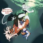 2023 5_fingers anthro anthro_on_anthro barefoot big_butt bikini black_body black_ear_tips black_ears black_fur black_tail blue_bikini blue_body blue_clothing blue_eyes blue_fur blue_hair blue_swimwear breasts brown_body brown_eyes brown_fur brown_hair bubble butt canid canine clothed clothed_anthro clothed_female clothing dialogue dipstick_ears diving_mask ear_markings english_text face_in_crotch feet female female/female female_anthro fingers fluffy fluffy_tail fox fur furgonomics green_clothing green_one-piece_swimsuit green_swimwear group hair half-closed_eyes hand_on_leg hand_on_thigh hi_res humanoid_hands hybrid leg_grab lichee light light_beam long_hair mammal mask medium_breasts mephitid midriff multicolored_body multicolored_ears multicolored_fur multicolored_hair narrowed_eyes navel notched_ear one-piece_swimsuit orange_body orange_fur orange_text pepper_(lichee) pink_bikini pink_clothing pink_swimwear red_fox skunk snout speech_bubble sunbeam sunlight surprised swimming swimwear tail tail_grab talking_to_another tan_body tan_fur text thigh_grab trio true_fox two-piece_swimsuit two_tone_body two_tone_ears two_tone_fur two_tone_hair two_tone_tail underwater water white_body white_ears white_fur white_hair white_inner_ear white_tail wide_eyed yellow_sclera