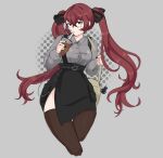  1girl alternate_costume bag belt bergmiten black_belt black_nails black_ribbon black_skirt breasts brown_hair brown_thighhighs bubble_tea collared_shirt contemporary cropped drink drinking drinking_straw drinking_straw_in_mouth fire_emblem fire_emblem_awakening grey_background grey_shirt hair_ribbon highres holding holding_drink light_blush long_hair long_sleeves looking_at_viewer medium_breasts miniskirt nail_polish red_eyes red_hair ribbon severa_(fire_emblem) shirt side_slit silver_chain skirt solo suspender_skirt suspenders thigh_gap thighhighs twintails zettai_ryouiki 