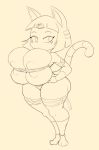  2018 animal_crossing ankha_(animal_crossing) anthro areola bandage bangs big_breasts big_butt big_thighs breasts butt cat clothed clothing eyelashes feline female huge_breasts mammal monochrome nintendo no_pupils purple_yoshi_draws sepia sketch standing toes video_games 