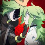  2boys ahoge atltax_00 black_gloves blue_eyes border brown_cloak cloak commentary constricted_pupils crown dress_shirt elbow_gloves faceless faceless_male facing_another ghetsis_(pokemon) gloves gold_crown green_hair hand_on_another's_chin heads_together high_collar highres long_sidelocks looking_at_another low_ponytail male_focus multiple_boys n_(pokemon) ornate_border partially_unbuttoned pokemon pokemon_black_2_and_white_2 ponytail red_background shirt shirt_under_shirt sidelocks surprised upper_body vignetting white_shirt 