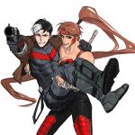  1girl amazon_warrior artemis_of_bana-mighdall bandages bare_shoulders batman_(series) batman_symbol belt black_gloves black_hair blue_eyes bodysuit breasts carrying cleavage commentary dc_comics gloves grey_bodysuit gun hand_wraps highres holding holding_gun holding_weapon jacket jason_todd large_breasts long_hair multicolored_bodysuit muscular muscular_male princess_carry red_hair red_hood_(dc) red_hood_and_the_outlaws short_hair simple_background superhero_costume taut_bodysuit two-tone_bodysuit utility_belt vovanixen46546 weapon western_comics_(style) wonder_woman_(series) 