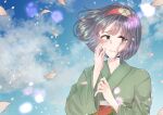  1girl black_hair blush cloud commentary_request day erika_(pokemon) green_kimono hairband hand_up headband highres japanese_clothes kimono looking_at_viewer petals pokemon red_headband sanami_(mmommmnn) short_hair upper_body 