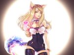  ahri animal_ears armlet bangs bare_shoulders black_leotard blonde_hair bracelet breasts choker cleavage contrapposto covered_navel cowboy_shot fox_ears fox_tail halter_top halterneck heart idol jewelry k/da_(league_of_legends) k/da_ahri league_of_legends leotard lips long_hair looking_at_viewer meo purple_choker snapping_fingers solo strapless strapless_leotard swept_bangs tail thighhighs whisker_markings yellow_eyes 