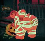 anthro apple balls big_butt butt candy candy_apple curled_tail dessert domestic_pig duroc_pig food fruit fur genitals hand_on_butt hi_res hooves livestock_tag male mammal mummy_costume mummy_wrappings obese obese_male ody_(character) overweight overweight_male penis plant pumpkin red_body red_fur rigbylaveur solo speech_bubble suid suine sus_(pig) tail