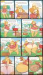 2020 absurd_res animal_crossing anthro belly big_belly big_butt box butt canid canine canis clothing comic container cookie domestic_dog female food fur hi_res isabelle_(animal_crossing) mammal nintendo outside overweight pink_clothing pink_shirt pink_topwear ridiculouscake shih_tzu shirt solo speech_bubble text thick_thighs topwear toy_dog weight_gain yellow_body yellow_fur