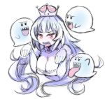  akairiot blush boo breasts cleavage collar crown dress frilled_collar frills ghost_pose large_breasts long_hair luigi's_mansion mario_(series) new_super_mario_bros._u_deluxe open_mouth pale_skin princess_king_boo red_eyes sharp_teeth simple_background super_crown teeth tongue tongue_out upper_body white_background white_dress white_hair 