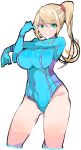  aqua_eyes bangs blonde_hair blue_leotard breasts closed_mouth covered_navel enpe eyebrows_visible_through_hair highres large_breasts leotard long_hair looking_at_viewer metroid ponytail samus_aran simple_background smile solo white_background zero_suit 