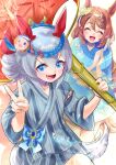  2girls animal_ears blue_eyes blue_kimono blush braid breasts brown_hair chiffon closed_eyes commentary_request ear_covers fang grey_hair grey_tail hair_between_eyes hair_bun hand_fan holding holding_fan horse_ears horse_girl horse_tail japanese_clothes jinbei_(clothes) kimono long_hair multicolored_hair multiple_girls open_mouth rope smile streaked_hair striped_clothes striped_kimono super_creek_(umamusume) tail tamamo_cross_(umamusume) tracen_ondo_(song) tracen_ondo_outfit_(umamusume) umamusume v vertical-striped_clothes vertical-striped_kimono very_long_hair white_hair yukata 