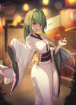  bangs blurry blurry_background blush bow brown_eyes candy_apple depth_of_field eyebrows_visible_through_hair food fox_mask green_hair hair_intakes head_tilt highres holding holding_food holding_mask japanese_clothes kimono lantern long_hair long_sleeves looking_at_viewer mask mask_removed obi original paper_lantern parted_lips sash sleeves_past_fingers sleeves_past_wrists solo stall standing sugar_(dndi888) summer_festival torii very_long_hair white_kimono wide_sleeves yellow_bow yukata 