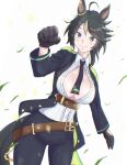  1girl ahoge animal_ears belt black_gloves black_hair black_jacket black_necktie black_pants blue_eyes blush breasts brown_belt center_frills center_opening closed_mouth collared_shirt commentary_request frilled_shirt frills fuji_kiseki_(shooting_star_revue)_(umamusume) fuji_kiseki_(umamusume) gloves highres horse_ears horse_girl jacket large_breasts long_sleeves looking_at_viewer multicolored_hair necktie no_bra osage_gankyou pants shirt short_hair smile solo umamusume white_shirt 