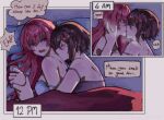  2girls bite_mark bite_mark_on_neck bite_mark_on_shoulder bloomfesruii blue_bra bra brown_hair closed_eyes commentary cuddling english_commentary english_text french_kiss grey_bra hand_in_another's_hair hickey highres kiss kissing_neck long_hair momoi_airi multiple_girls pillow pink_eyes pink_hair project_sekai shinonome_ena short_hair speech_bubble strap_slip thought_bubble under_covers underwear yuri 