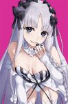  1girl asle bare_shoulders black_bow black_eyes blush bow braid breasts cleavage collar commentary_request detached_sleeves dress fate/strange_fake fate_(series) francesca_prelati_(fate) frilled_collar frills garter_straps grey_hair hair_bow highres long_hair looking_at_viewer medium_breasts open_mouth panties parted_bangs ringed_eyes sidelocks smile solo striped_clothes striped_dress thighhighs thighs underwear very_long_hair white_dress white_panties white_thighhighs 