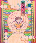  1girl animal_ears barefoot blonde_hair brown_hat commentary_request dango facing_viewer flat_cap floppy_ears food hat highres itomugi-kun meditation midriff navel orange_shirt rabbit_ears ringo_(touhou) shirt short_hair short_sleeves shorts solo striped_clothes striped_shorts touhou translation_request wagashi yellow_shorts 