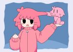  1girl antenna_hair blush chiccha_na_watashi_(synthesizer_v) clenched_hand commentary_request creature creature_on_hand grabbing_another's_hair highres holding_another's_hair jacket kasane_teto light_frown looking_at_another negitoro_(ntlrjqsolnlijmr) pink_hair pink_jacket short_hair smile solid_oval_eyes synthesizer_v upper_body utau 