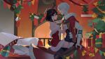  1boy 1girl absurdres after_kiss antlers aqua_eyes arm_tattoo backless_dress backless_outfit black_choker black_gloves black_hair boots box brown_boots chinese_commentary choker christmas christmas_ornaments christmas_tree commentary_request commission couple crying dress fake_antlers fireplace fur-trimmed_dress fur_trim gift gift_box gloves hetero high_heel_boots high_heels highres horns indoors m1xedcongee8 octopath_traveler octopath_traveler_ii pink_eyes red_dress reindeer_antlers saliva saliva_trail second-party_source short_hair sitting snake_tattoo streaming_tears tattoo tears temenos_mistral thigh_boots throne_anguis tongue tongue_out white_hair wide-eyed 