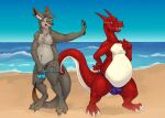 2021 absurd_res anthro beach belly blue_eyes bulge charizard clothed clothing countershade_face countershade_neck countershade_tail countershade_torso countershading detailed_background detailed_bulge duo embarrassed eyewear forza_(progasus) fur generation_1_pokemon glasses green_eyes grey_body grey_fur hi_res horn kangaroo macropod male male/male male_anthro mammal marsupial mintyderg nintendo open_mouth open_smile orange_body orange_fur outside overweight overweight_anthro overweight_male pepper_(ccjj09) pokemon pokemon_(species) red_body sand sea slightly_chubby slightly_chubby_anthro slightly_chubby_male smile standing tail tan_body tanga teeth tongue topless topless_anthro topless_male underwear underwear_only wardrobe_malfunction water wearing_glasses white_body white_fur
