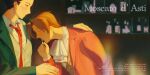  2boys absurdres ace_attorney ascot blush bottle commentary english_commentary english_text french_text grey_vest hand_on_another's_back highres indoors jacket kiss kizu_(gozenreiji010) long_sleeves male_focus miles_edgeworth multiple_boys necktie phoenix_wright red_jacket red_necktie shirt short_hair smile translation_request vest white_ascot white_shirt yaoi 