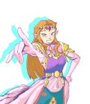  1girl absurdres armor blonde_hair blue_eyes breasts circlet dress earrings elbow_gloves gloves hand_on_own_hip highres jewelry long_hair parted_hair pointing pointy_ears princess_zelda shoulder_armor sidelocks smile solo spankydraws the_legend_of_zelda the_legend_of_zelda:_ocarina_of_time white_background 