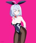  1girl absurdres animal_ears bare_arms bare_shoulders black_leggings black_leotard blush bow breasts cleavage closed_mouth frilled_wrist_cuffs frills glanze_virtual grey_hair highres indie_virtual_youtuber leggings leotard medium_breasts one_eye_closed pink_background playboy_bunny rabbit_ears red_bow sayu_sincronisity short_hair signature smile solo virtual_youtuber wrist_cuffs yellow_eyes 