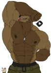 2026 5_fingers abs ambiguous_gender anthro biceps big_muscles black_clothing black_underwear blush bodily_fluids bottomwear brown_body brown_claws brown_countershading canid claws clothed clothing colored countershade_face countershade_fur countershade_neck countershade_torso countershading deltoids dog_tags duo emanata fangs finger_claws fingers front_view frustration_cloud fur furrowed_eyebrows green_bottomwear green_clothing half-length_portrait hand_behind_back heart_symbol hi_res huge_muscles licking licking_arm licking_bicep looking_at_another looking_back looking_back_at_another male mammal mouth_closed muscular muscular_anthro muscular_male navel nipples obliques obscured_eyes open_mouth open_smile pecs portrait raised_arm rear_view red_tongue saliva saliva_on_tongue self_lick simple_background smile snout solo_focus tan_body tan_countershading tan_fur teeth than-wa_(wolfblack43) tongue topless topless_anthro topless_male trapezius underwear underwear_showing white_background wolfblack43