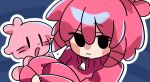  1girl :d absurdres antenna_hair blush chiccha_na_watashi_(synthesizer_v) creature hair_between_eyes highres holding holding_creature jacket kasane_teto looking_at_viewer pink_hair pink_jacket short_hair smile solid_oval_eyes synthesizer_v utau wasuretai_0717 zipper 