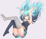  :d antenna_hair aqua_hair armpits arms_up ass bangs bare_arms bare_shoulders belly_peek black_legwear black_shirt blue_panties blue_skirt blush cameltoe camisole collarbone floating_hair full_body grey_background grey_legwear grin hair_between_eyes hair_ornament hairclip legs_up long_hair looking_at_viewer mahcdai miniskirt mismatched_legwear open_mouth original panties planol_note pleated_skirt shirt simple_background skirt smile solo teeth thighhighs underwear yellow_eyes 