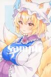 1girl :3 animal_hat arms_under_breasts blonde_hair blue_tabard closed_mouth commentary_request fox_tail hands_in_opposite_sleeves hat highres kitsune long_sleeves looking_at_viewer mob_cap multiple_tails sample_watermark smile solo tabard tail touhou traditional_media upper_body watermark wide_sleeves yakumo_ran yellow_eyes yuiki_(cube) 