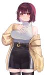  1girl atelier_(series) atelier_sophie belt black_belt black_skirt blush breasts brown_hair brown_jacket brown_thighhighs closed_mouth commentary_request cowboy_shot hand_on_own_chest hand_up highres jacket large_breasts long_sleeves off_shoulder open_clothes open_jacket puffy_long_sleeves puffy_sleeves red_eyes ribbed_sweater ryuuno6 short_hair simple_background skirt sleeveless sleeveless_sweater sleeveless_turtleneck sleeves_past_wrists smile solo sophie_neuenmuller sweater thighhighs turtleneck turtleneck_sweater white_background white_sweater 