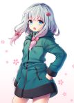  :o arm_at_side bangs blue_eyes bow commentary_request cowboy_shot eromanga_sensei eyebrows_visible_through_hair floral_background gradient_hair green_jacket grey_hair hair_bow hair_ribbon hand_on_hip hood hood_down izumi_sagiri jacket legs_apart long_hair long_sleeves looking_at_viewer milcho multicolored_hair open_mouth pink_bow pink_hair ribbon sidelocks signature simple_background solo standing tress_ribbon white_background 