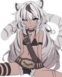  1girl absurdres animal_ear_fluff animal_ears armlet bare_arms bare_shoulders black_armlet black_choker black_hair black_shorts blue_eyes blush bra choker dark-skinned_female dark_skin flat_chest gaomi_goro highres indie_virtual_youtuber jewelry lyrinne multicolored_hair multiple_thigh_straps navel o-ring o-ring_bra open_mouth sachet scar scar_on_leg shorts sitting skull_pendant slit_pupils sweat tail thigh_strap tiger_ears tiger_girl tiger_tail two-tone_hair underwear virtual_youtuber white_background white_hair 